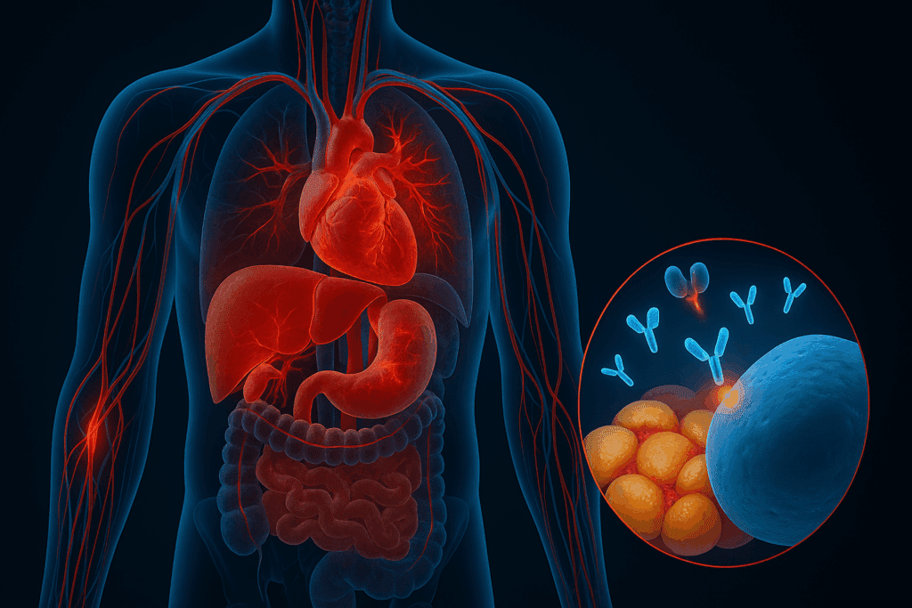 Medical illustration showing inflamed pancreas, liver, heart, and fat cells with insulin resistance pathways, addressing the question: Can Diabetes Lead to Cancer?