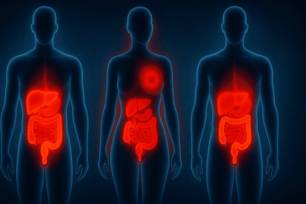 Human silhouettes with liver, pancreas, colon, breast, and bladder highlighted in red, visualizing organ risk zones for the question: Can Diabetes Lead to Cancer?