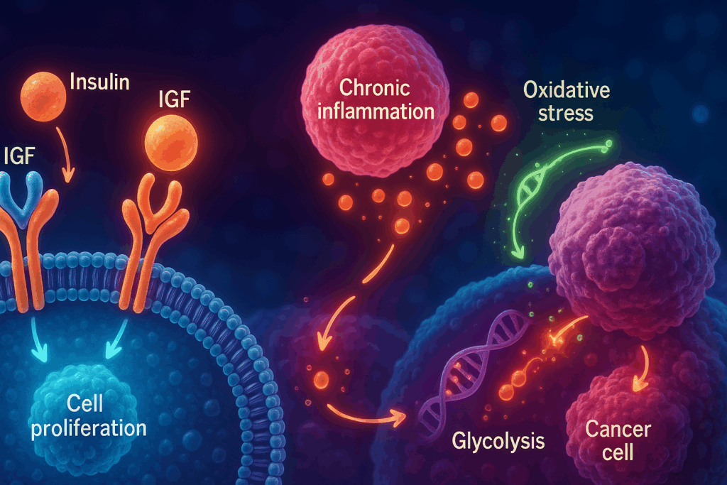 Cellular illustration showing how diabetes mechanisms like insulin signaling, chronic inflammation, and oxidative stress contribute to cancer development, answering: Can Diabetes Lead to Cancer?