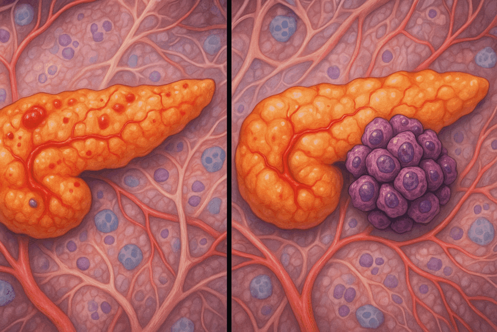 Split-panel illustration of a pancreas showing inflammation from long-term diabetes on one side and cancer cell growth on the other, highlighting the link—Can Diabetes Lead to Cancer?