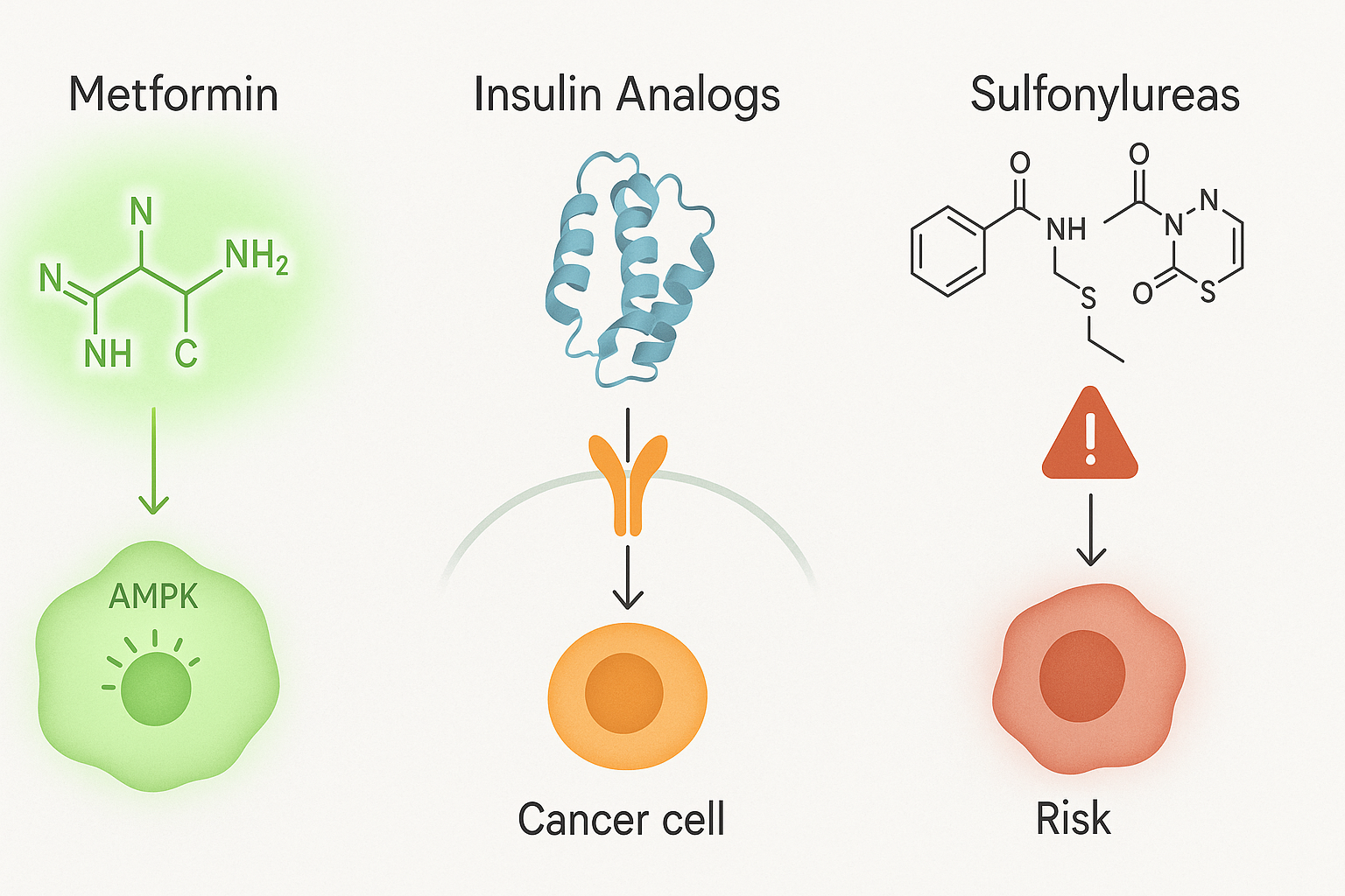 Scientific diagram comparing metformin, insulin analogs, and sulfonylureas with cancer cell interactions, exploring: Can Diabetes Lead to Cancer?