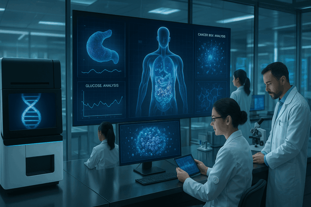 Futuristic lab with scientists analyzing DNA and glucose patterns to explore the question: Can Diabetes Lead to Cancer?