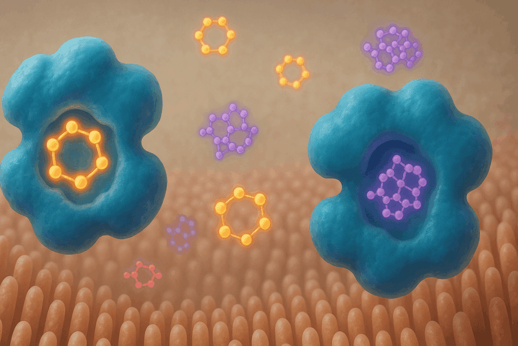 3D molecular visualization showing enzyme inhibition with glucose and inhibitor molecules, illustrating the question: Can Enzymes Lower Glucose Levels