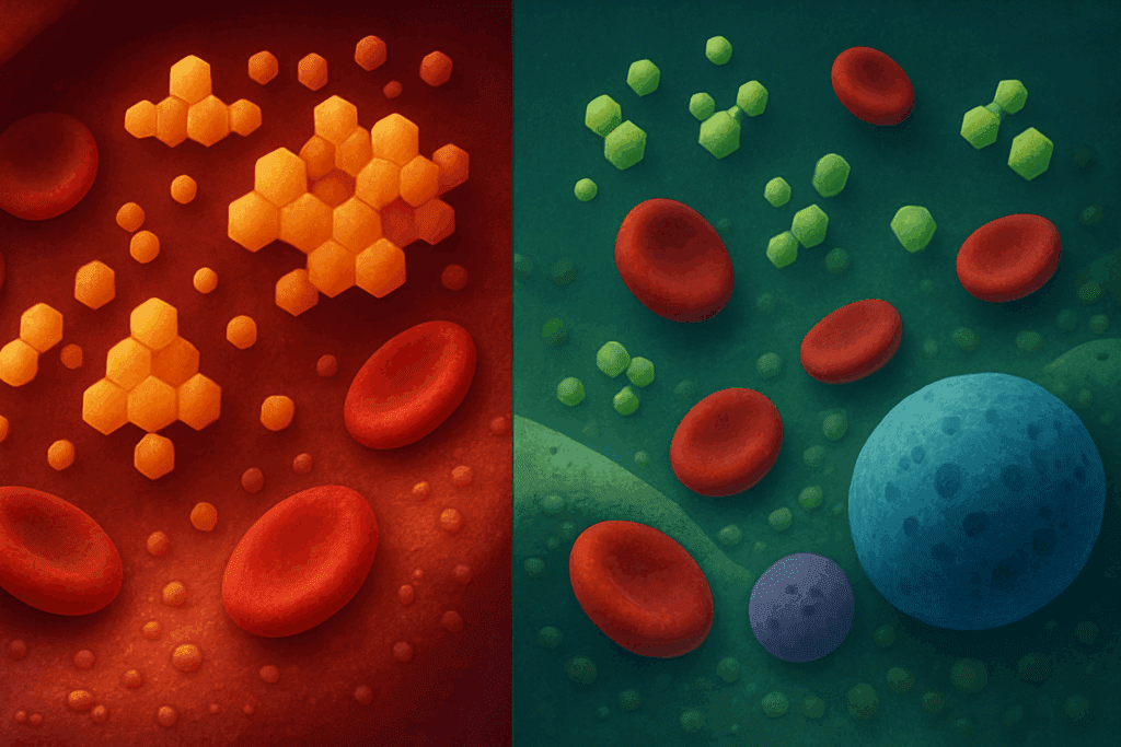 Infographic visualizing before-and-after effects of enzyme therapy in diabetic patients, illustrating how enzyme treatments answer the question: Can Enzymes Lower Glucose Levels?