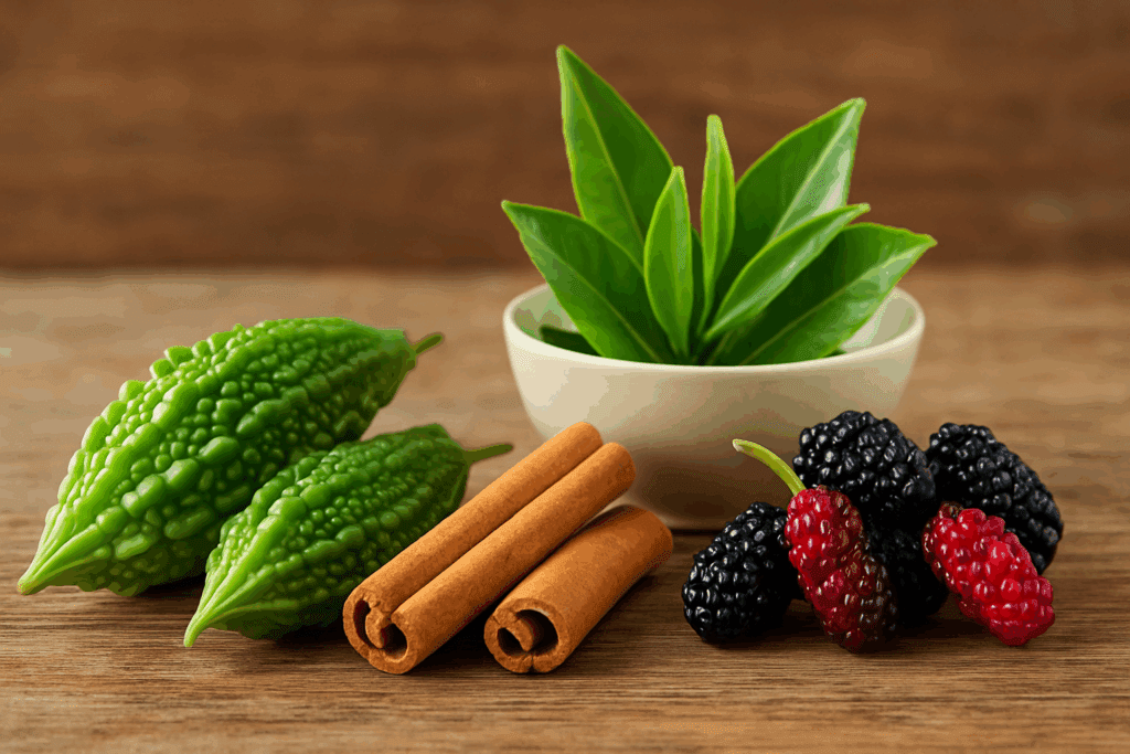 Natural ingredients like bitter melon, cinnamon sticks, mulberries, and green tea leaves used to explore the question: Can Enzymes Lower Glucose Levels
