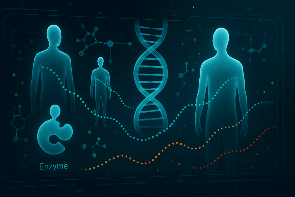 Futuristic medical interface with DNA helix, human figures, and molecular graphics illustrating how personalized enzyme therapy explores the question: Can Enzymes Lower Glucose Levels