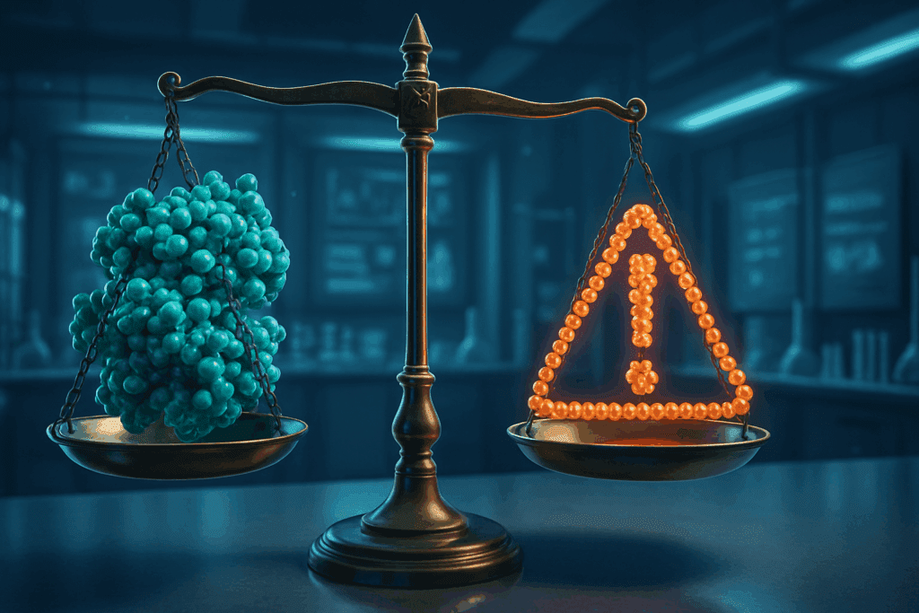 Futuristic lab scene with a balance scale weighing enzyme molecules against an atomic warning symbol, illustrating the question: Can Enzymes Lower Glucose Levels