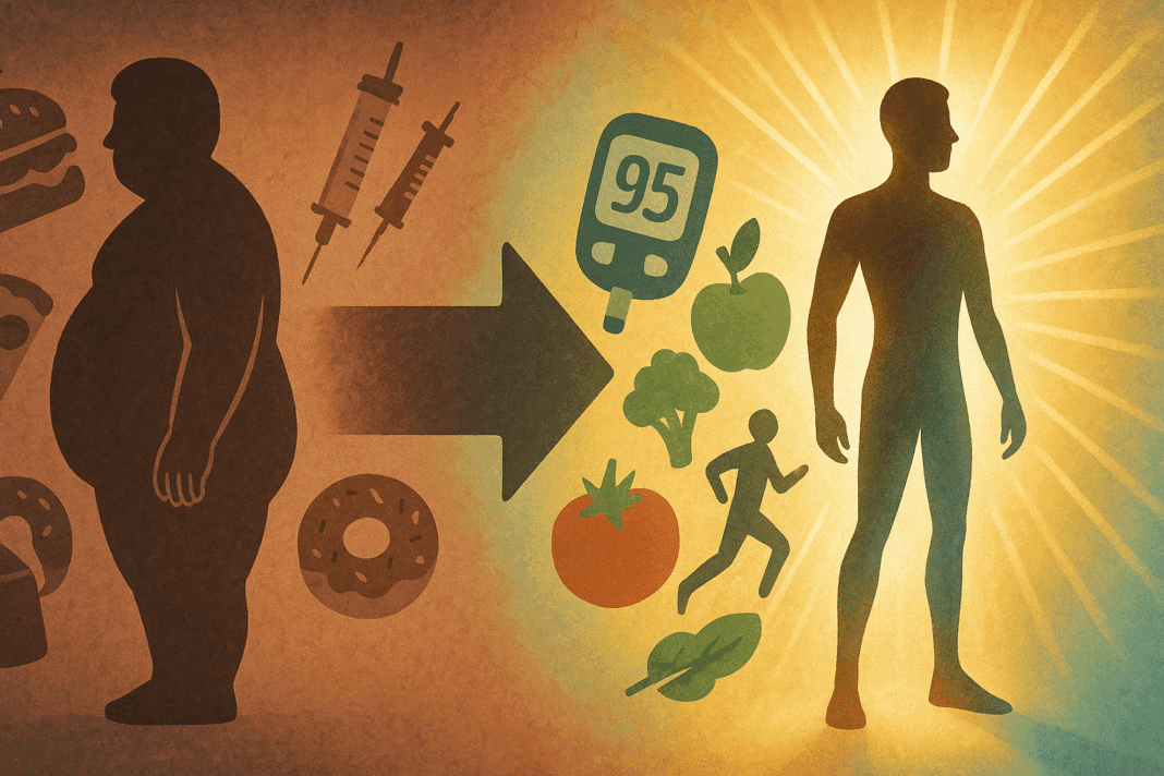 Conceptual illustration showing Can Losing Weight Cure Diabetes, with an overweight figure surrounded by junk food and insulin syringes transitioning to a leaner figure amid fresh foods, exercise, and a healthy glucose meter.