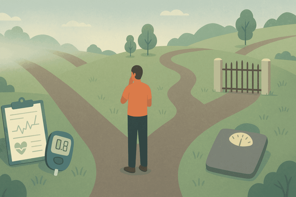 Person with diabetes standing at a fork in the road, considering paths symbolizing remission, reversal, and a cure—posing the question: Can Losing Weight Cure Diabetes.