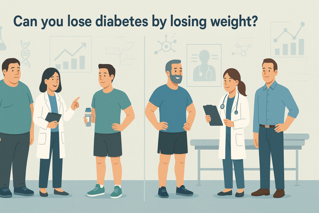 Split-screen showing patients in lifestyle coaching and traditional care settings with visual progress, illustrating the question: Can Losing Weight Cure Diabetes