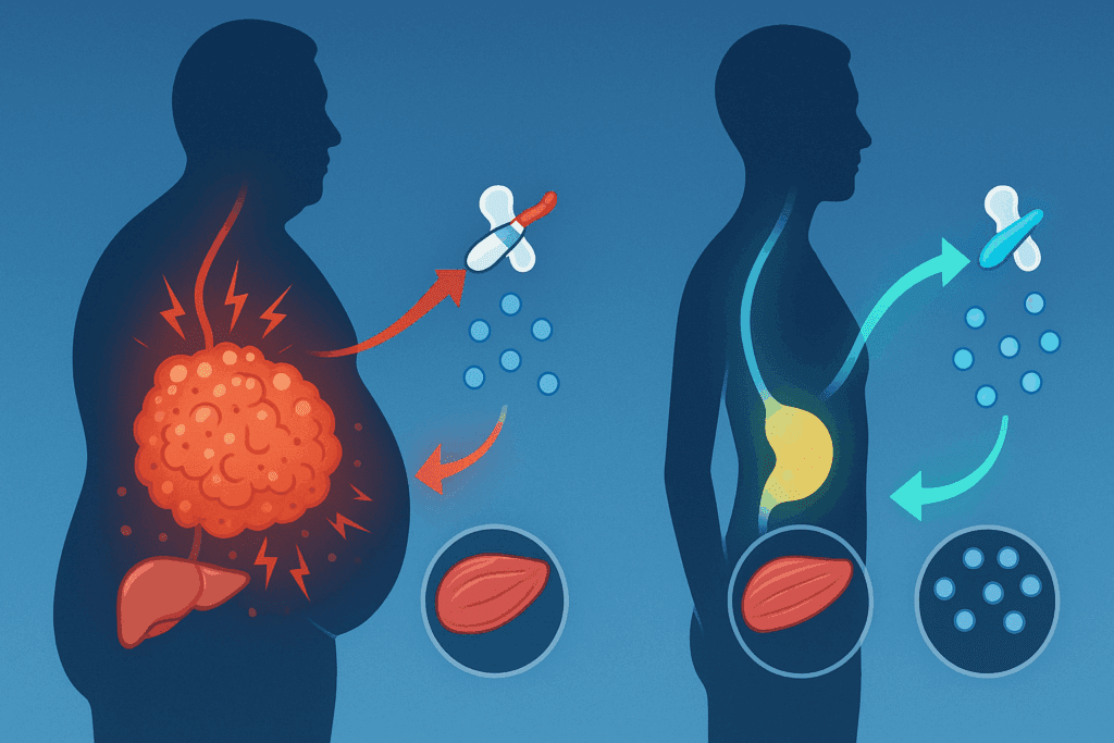 Scientific illustration showing how weight loss reduces visceral fat and improves insulin sensitivity, exploring the question: Can Losing Weight Cure Diabetes