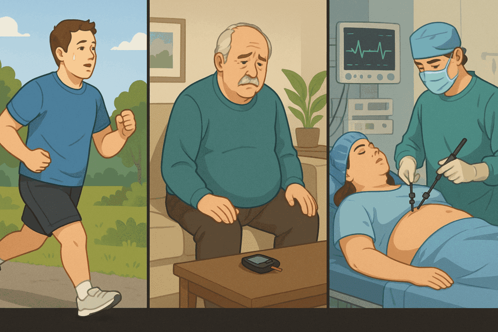 Triptych showing three individuals with diabetes at different stages—young man exercising, older man with long-term symptoms, and woman undergoing bariatric surgery—visually exploring the question: Can Losing Weight Cure Diabetes