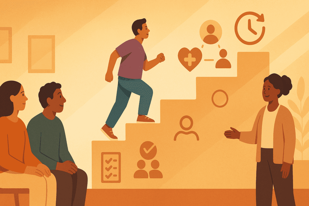Motivational scene of a person climbing a staircase with icons for habit-building, support, mental health, and goals, representing progress in managing weight and diabetes, supporting the question: Can Losing Weight