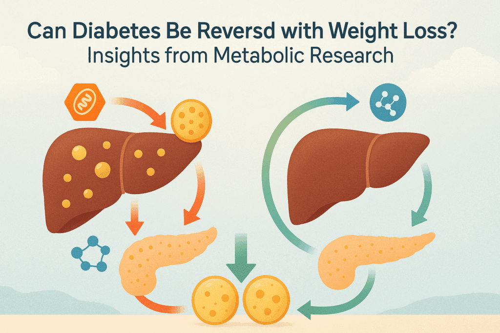 Scientific infographic illustrating the twin-cycle hypothesis, showing how fat loss may reverse liver and pancreas dysfunction—exploring the question: Can Losing Weight Cure Diabetes