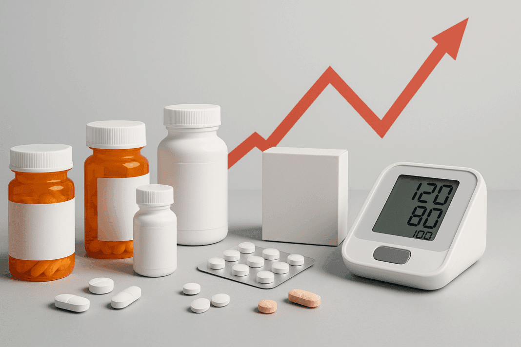 Prescription bottles, over-the-counter medications, and a blood pressure monitor illustrating the concept: Can medication cause high blood pressure.