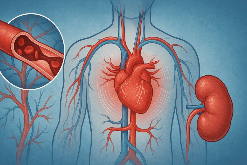 Illustration of the cardiovascular system showing constricted blood vessels, enlarged kidneys, and an accelerated heartbeat to explain how Can medication cause high blood pressure.