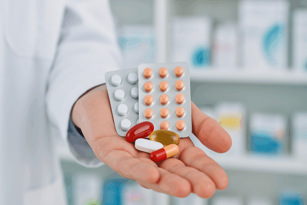 Pharmacist holding NSAIDs, decongestants, antidepressants, and birth control pills with blurred pharmacy shelves in the background, illustrating the question: can medication cause high blood pressure.