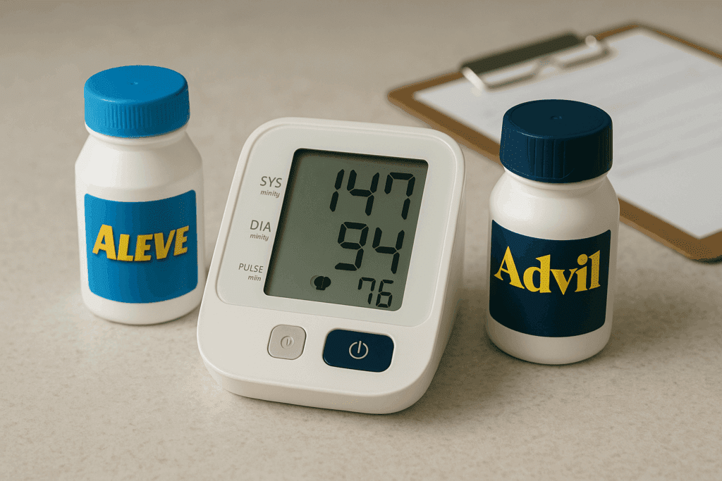 Aleve and Advil bottles next to a digital blood pressure monitor showing elevated readings, illustrating the question: can medication cause high blood pressure.