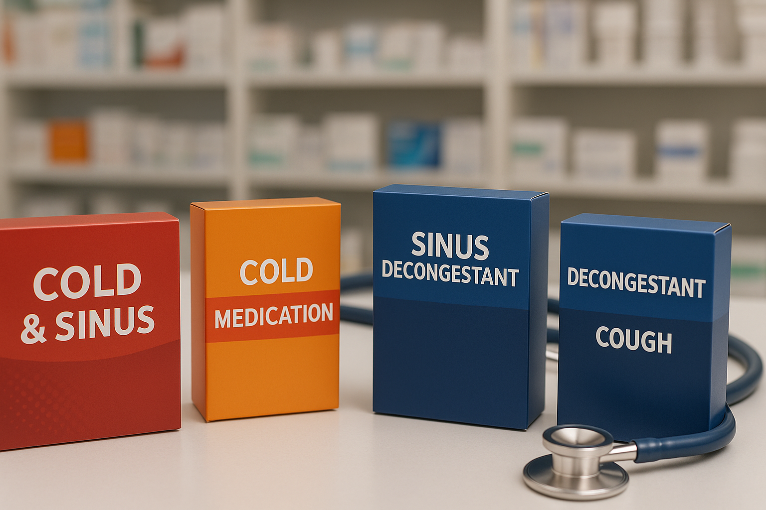 Over-the-counter cold medication boxes containing decongestants on a pharmacy counter with a stethoscope, illustrating how Can medication cause high blood pressure.
