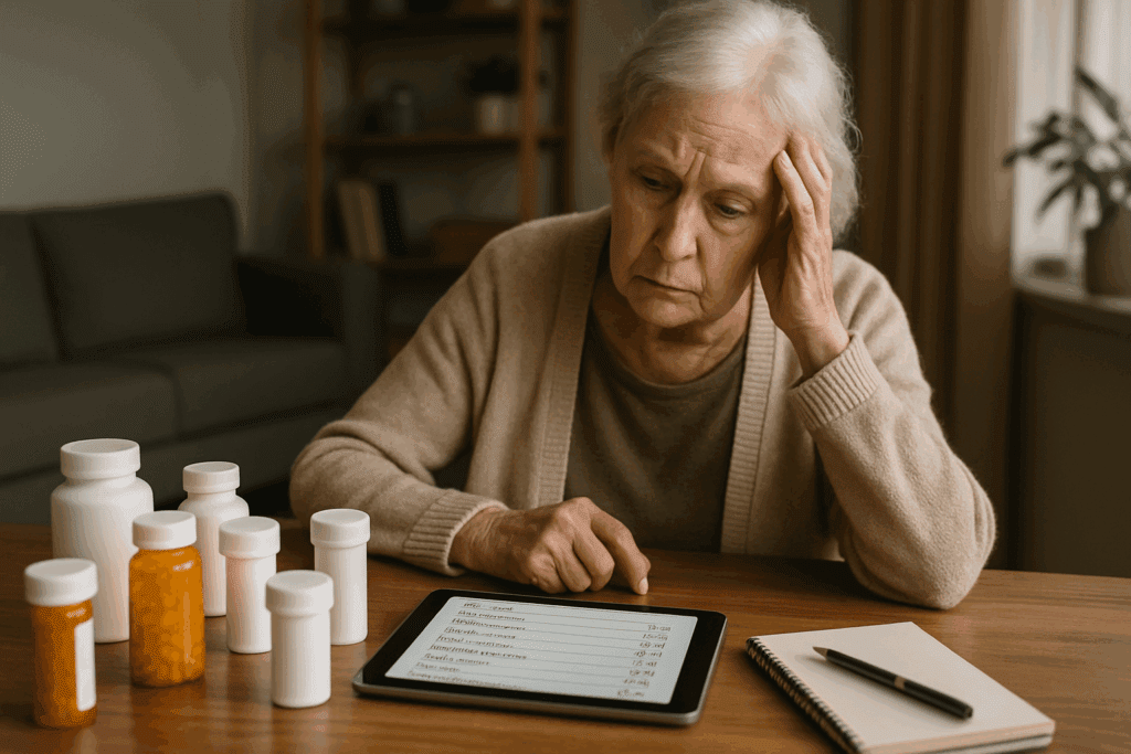 Elderly woman at home looking confused over multiple pill bottles and a digital tablet, illustrating Can medication cause high blood pressure concerns.