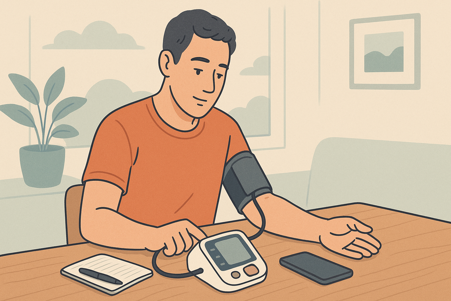 Patient using a digital blood pressure monitor at home with smartphone and notebook for tracking, illustrating Can medication cause high blood pressure awareness.