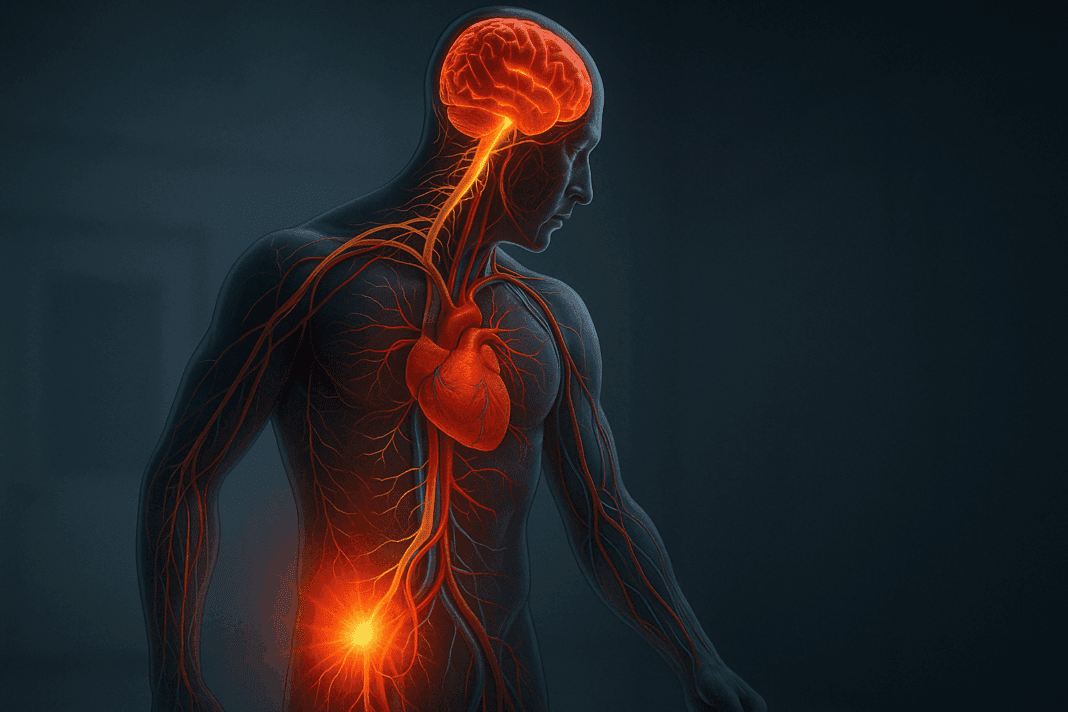 Medical illustration showing nerve and cardiovascular systems reacting to pain in the lower back, highlighting how pain signals can affect the brain and heart, exploring the connection: can pain cause high blood pressure