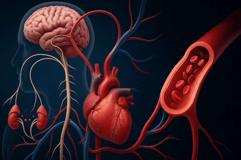 3D illustration of the fight-or-flight response showing brain signaling, adrenaline release, narrowed arteries, and increased heart rate—explaining how can pain cause high blood pressure