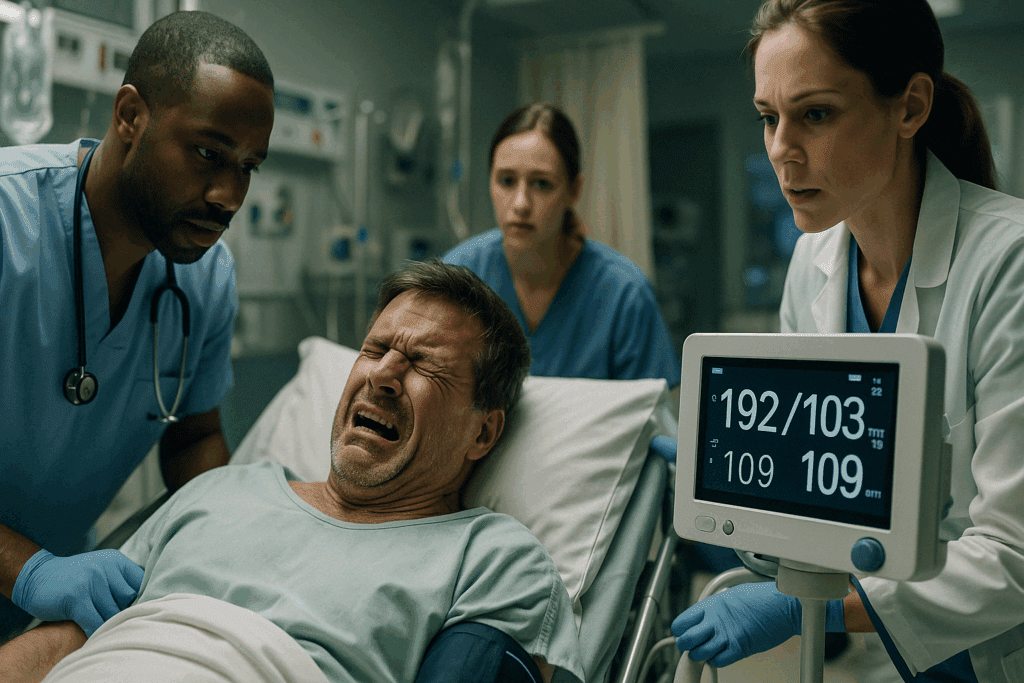 Patient in acute pain monitored by ER staff as elevated blood pressure readings display, illustrating can pain cause high blood pressure.