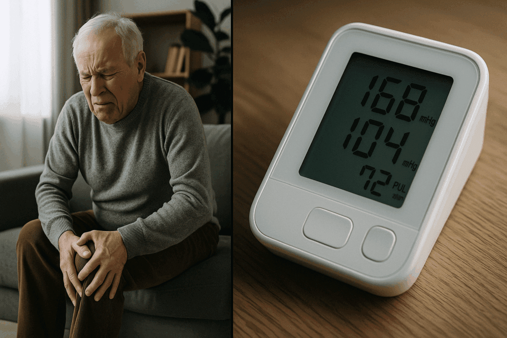 Elderly man with arthritis holding his knee in pain next to a monitor showing high blood pressure, illustrating how chronic pain can cause high blood pressure.