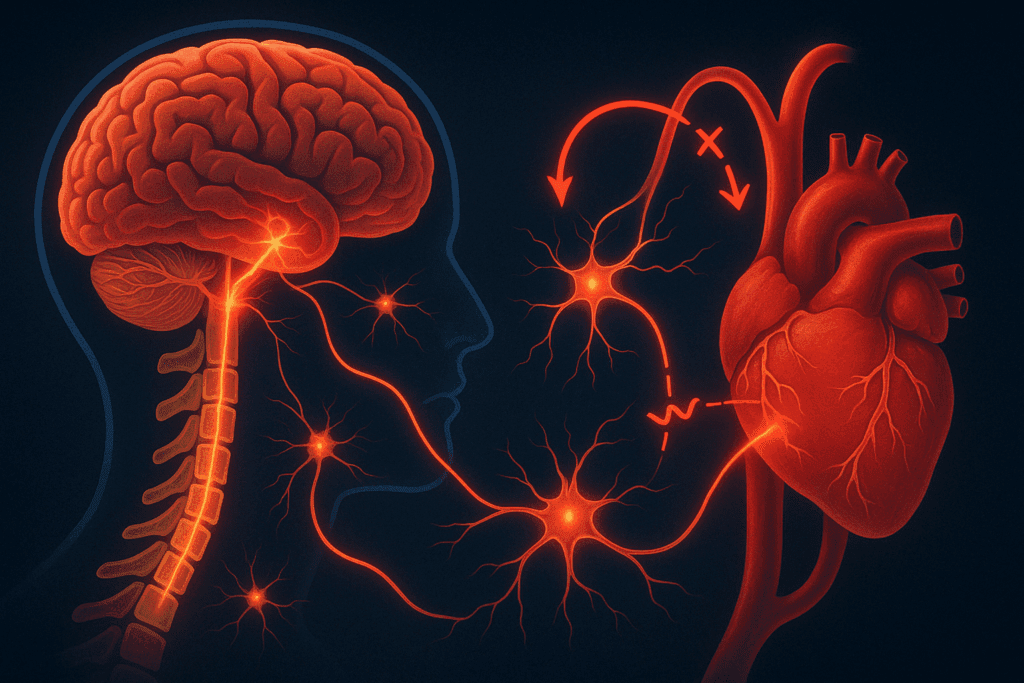 Cross-section of brain, spinal cord, and heart with glowing nerve pathways showing how disrupted signals explain the link: can pain cause high blood pressure.