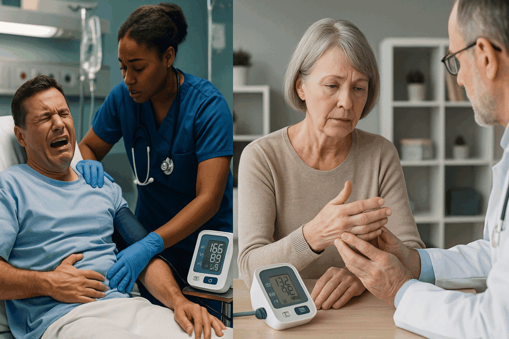 Split-screen showing ER patient in severe pain and outpatient arthritis exam, illustrating how can pain cause high blood pressure.