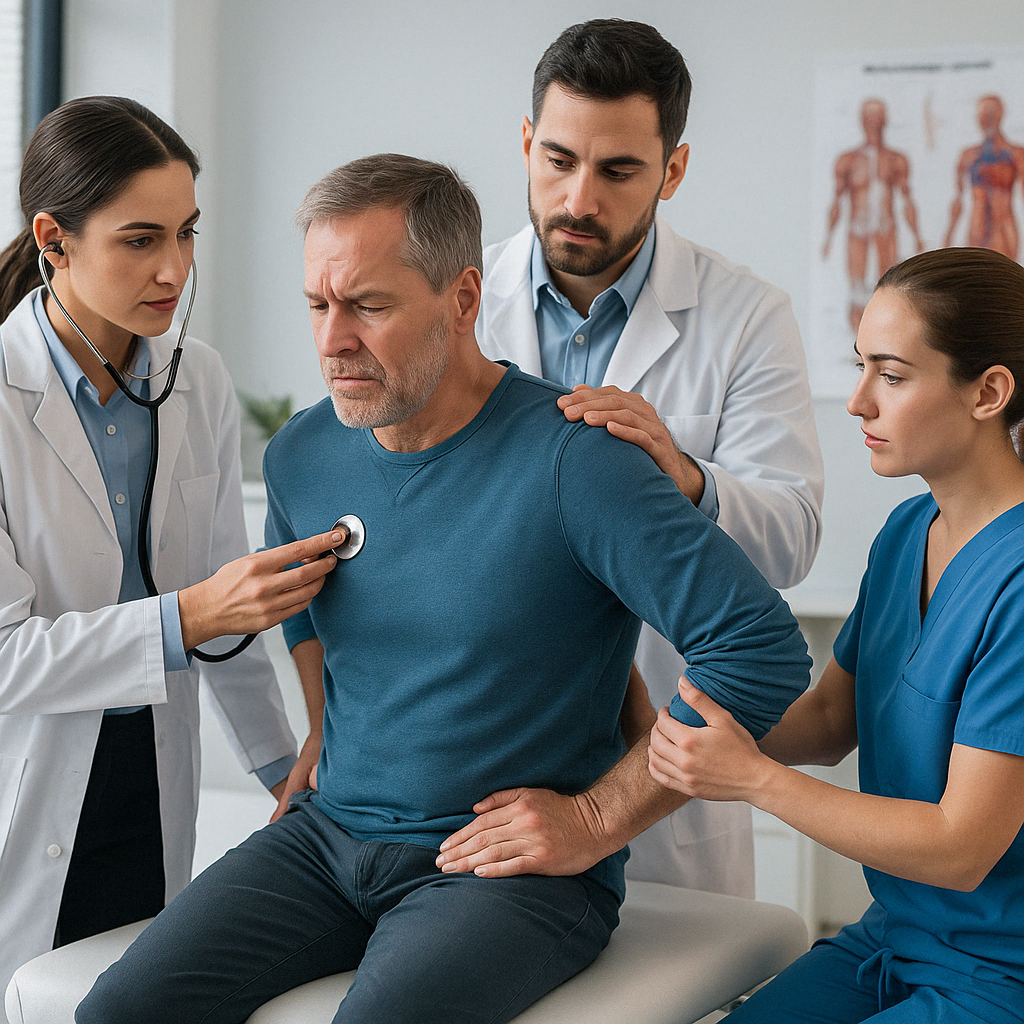 Healthcare team treating patient with back pain, illustrating how integrative care addresses can pain cause high blood pressure