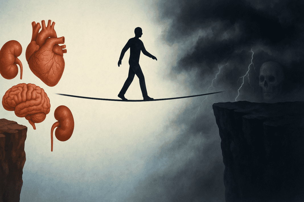 Silhouette of a person balancing on a tightrope between healthy organs and storm clouds with a skull, symbolizing the life-or-death stakes of chronic illness and asking: Can Type 2 Diabetes Kill You