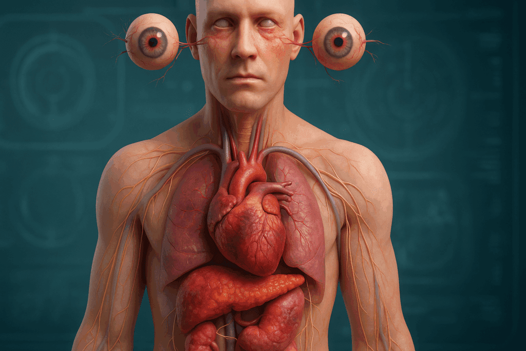 3D medical illustration showing internal organs damaged by type 2 diabetes, highlighting how Can Type 2 Diabetes Kill You through heart, kidney, pancreas, eye, and nerve complications.