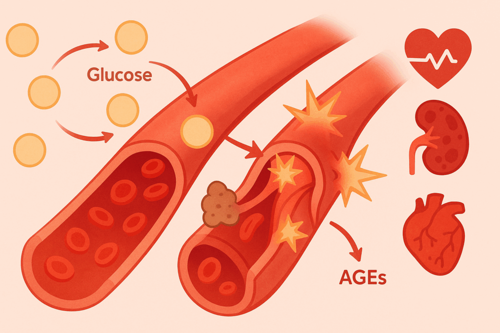 Medical illustration showing how glucose causes blood vessel damage through AGEs, answering the question: can type 2 diabetes kill you
