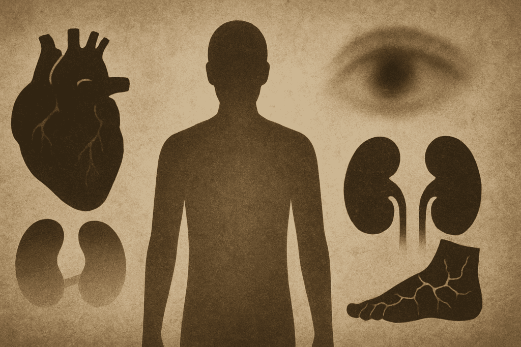 Metaphorical collage showing how silent complications answer the question: Can Type 2 Diabetes Kill You