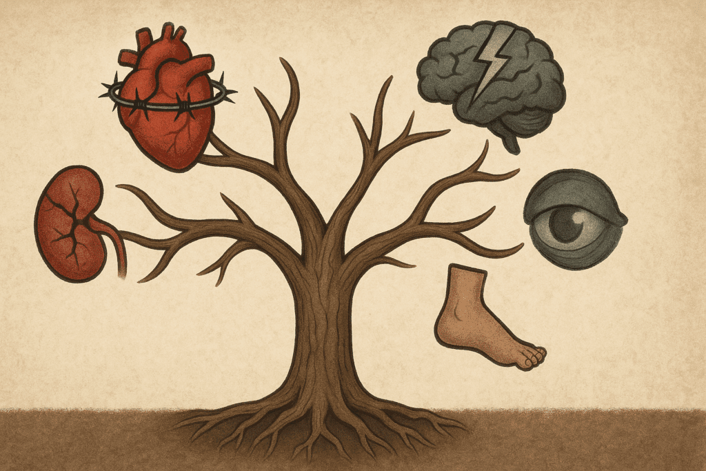 Conceptual tree illustration showing complications of type 2 diabetes, symbolizing how conditions like heart disease, kidney failure, neuropathy, and stroke visually answer the question: Can Type 2 Diabetes Kill You.