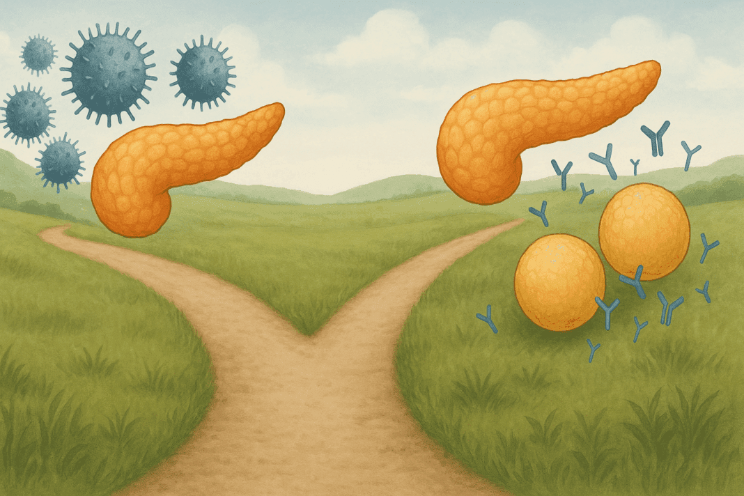 Conceptual medical illustration showing diverging paths for Can Type 2 Diabetes Turn Into Type 1, with symbolic pancreas and immune system activity.