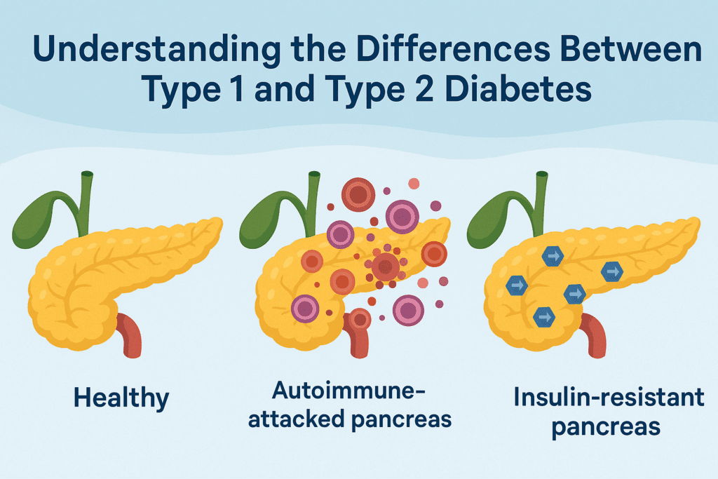 Medical infographic comparing a healthy pancreas, an autoimmune-attacked pancreas in Type 1 diabetes, and an insulin-resistant pancreas in Type 2, illustrating the biological differences relevant to the question: Can Type 2 Diabetes Turn Into Type 1
