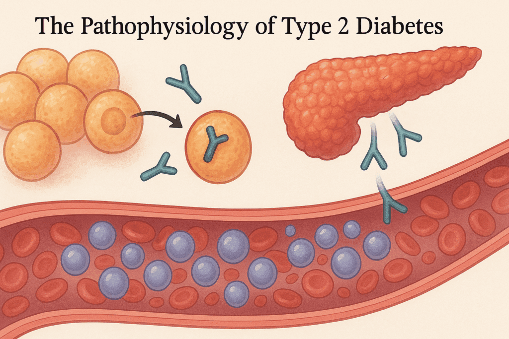 Artistic medical illustration showing insulin resistance, pancreatic dysfunction, and glucose buildup to explain: Can Type 2 Diabetes Turn Into Type 1