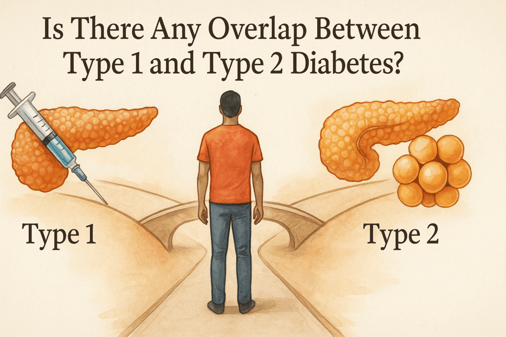 Conceptual medical illustration of an adult at a fork in the road symbolizing the question: Can Type 2 Diabetes Turn Into Type 1, with subtle imagery of a bridge between two pancreas-related paths