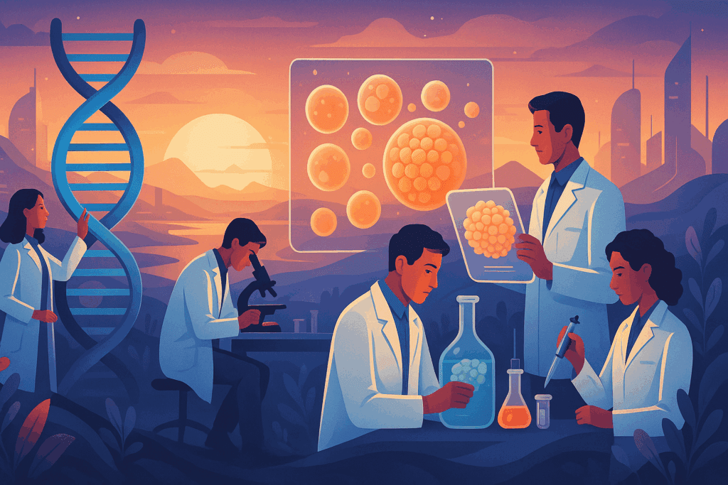 Scientists in a futuristic lab researching gene therapy and beta cell regeneration, exploring the question: Can Type 2 Diabetes Turn Into Type 1