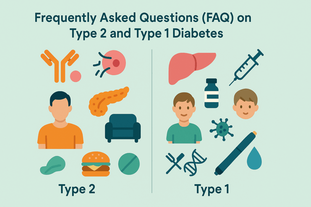 Infographic comparing Type 1 and Type 2 diabetes with icons illustrating causes, age of onset, and treatments to address the question: Can Type 2 Diabetes Turn Into Type 1