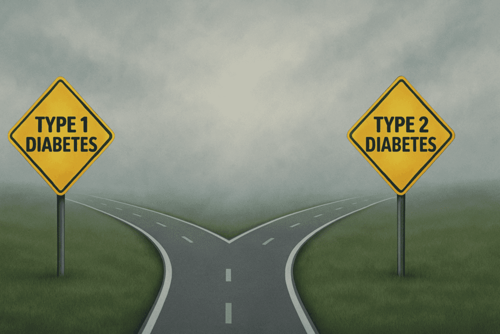 Two roads diverge in a foggy landscape symbolizing the confusion behind the question: Can Type 2 Diabetes Turn Into Type 1