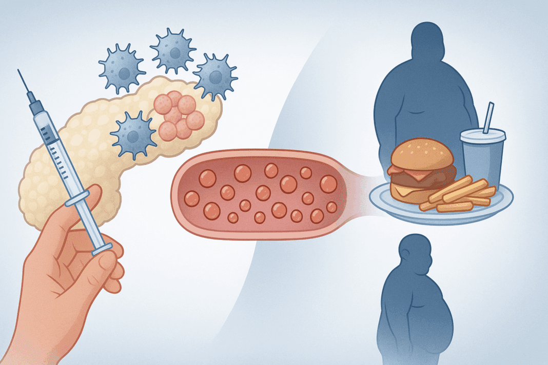 Conceptual illustration answering Can You Have Type 1 and Type 2 Diabetes at the Same Time by merging autoimmune and lifestyle traits.