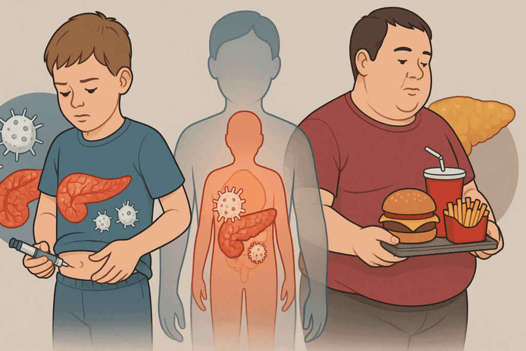Medical illustration showing a split view of 'Can You Have Type 1 and Type 2 Diabetes at the Same Time,' with a child receiving insulin for Type 1 diabetes on the left, an adult with obesity and insulin resistance holding unhealthy food on the right, and a central figure displaying symptoms of both conditions.