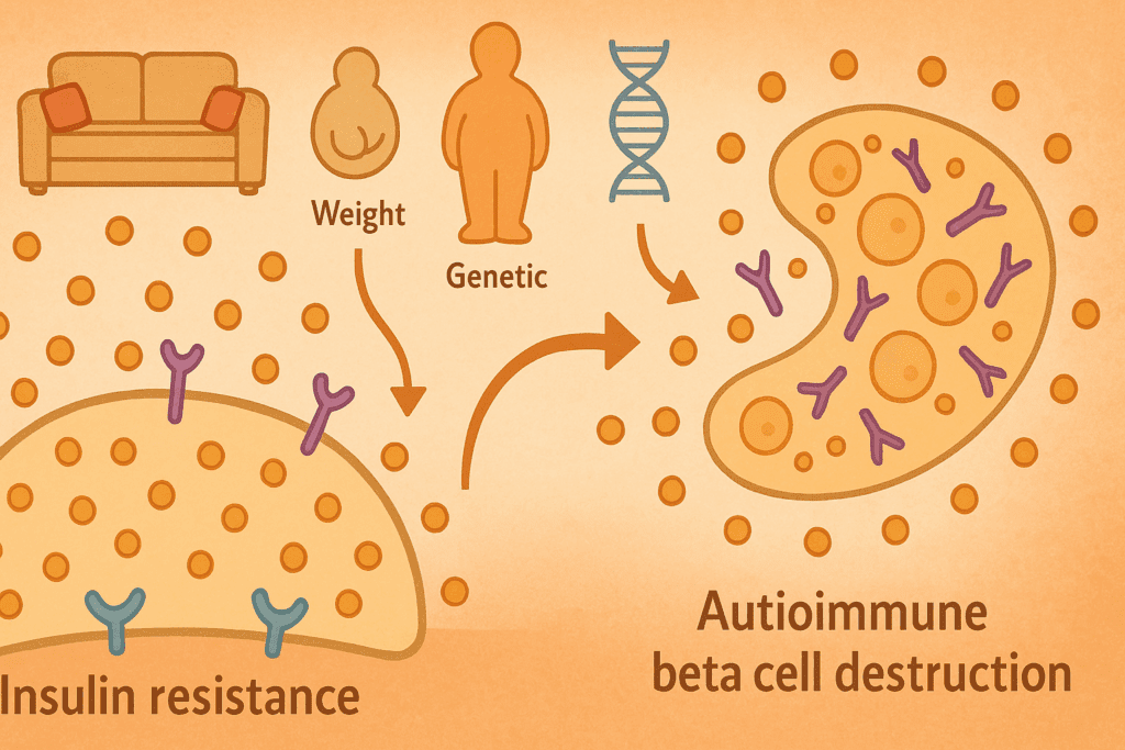 Biology-style illustration showing overlapping pathways to answer Can You Have Type 1 and Type 2 Diabetes at the Same Time