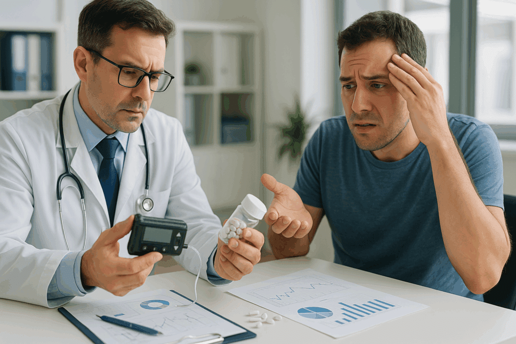 Doctor evaluating insulin pump and diabetes pills with confused patient during consultation, exploring: Can You Have Type 1 and Type 2 Diabetes at the Same Time.
