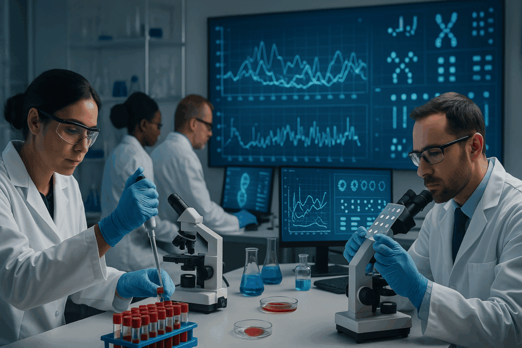 Scientists analyzing blood samples and gene data in a lab exploring Can You Have Type 1 and Type 2 Diabetes at the Same Time.