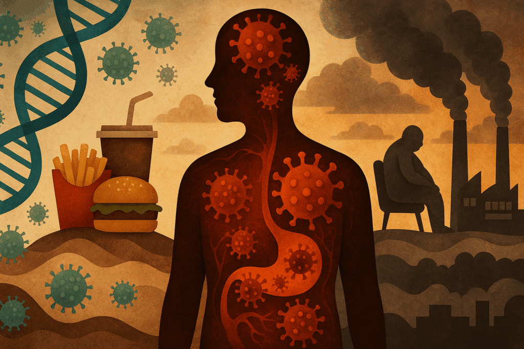 Conceptual landscape showing lifestyle and genetic factors like DNA, viruses, junk food, and pollution linked to Can You Have Type 1 and Type 2 Diabetes at the Same Time